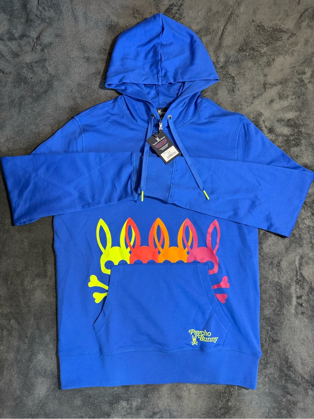 Psycho Bunny Blue Hoodie with Neon Bunny Graphic
